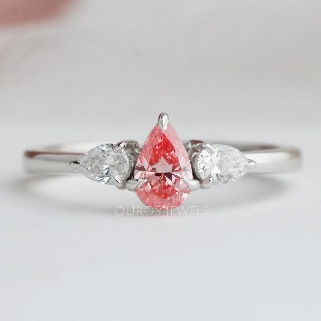 Pink Pear Cut Lab Diamond Three Stone Ring