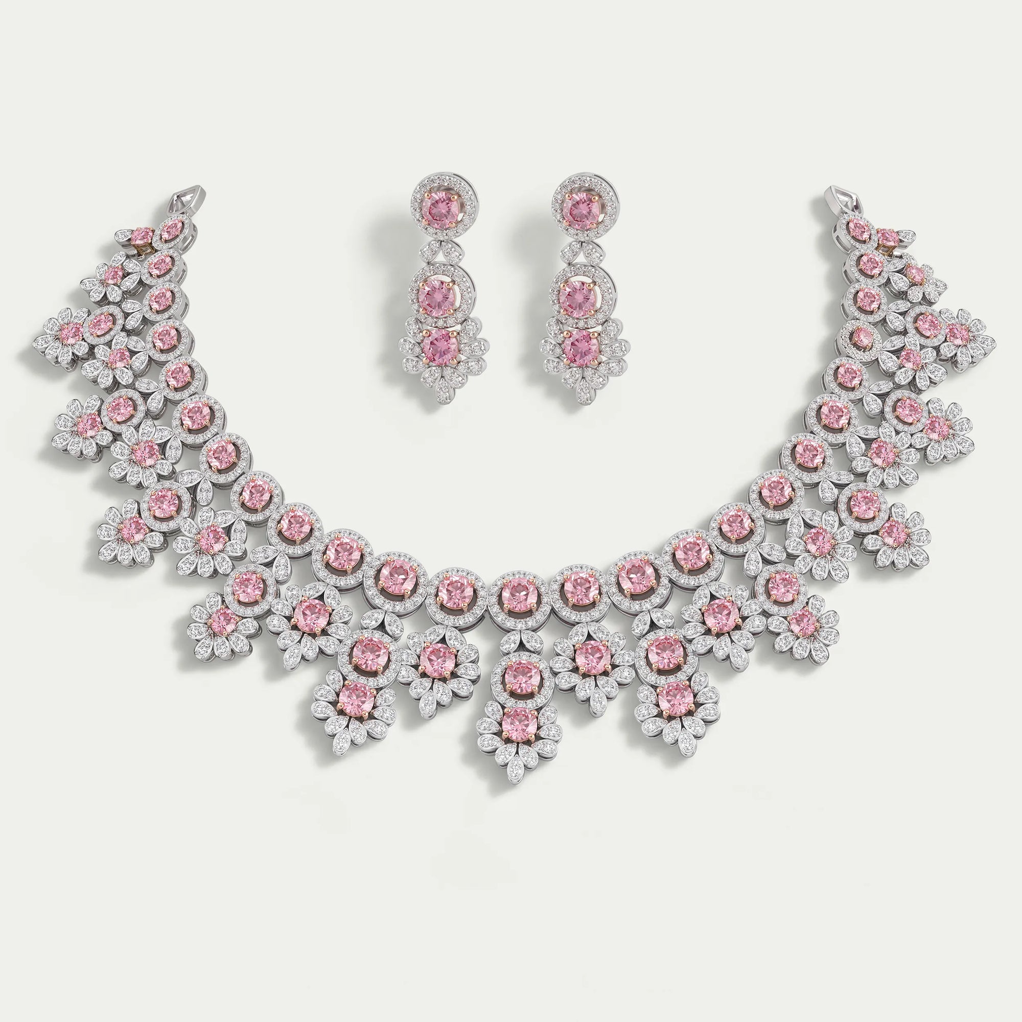 Pink Round Cut Lab Diamond Bridal Necklace Set Necklaces