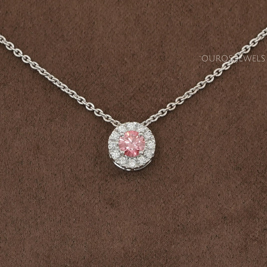 Pink Round Cut Diamond Halo Pendant Necklaces