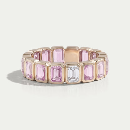 Sapphire Pink Emerald Cut Bezel Set Eternity Wedding Band Rings