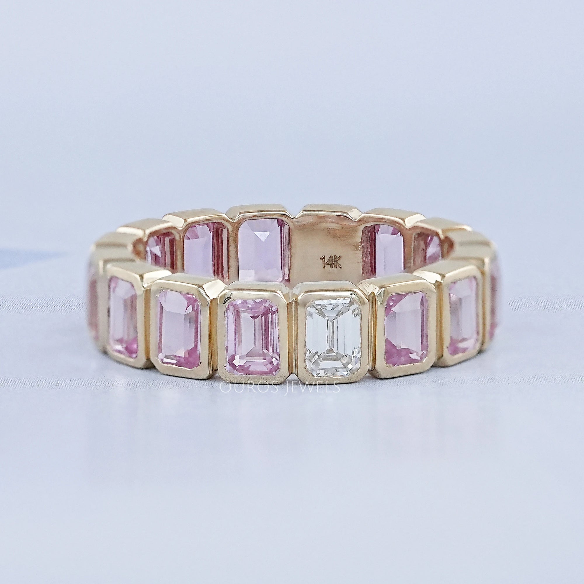 Sapphire Pink Emerald Cut Bezel Set Eternity Wedding Band Rings