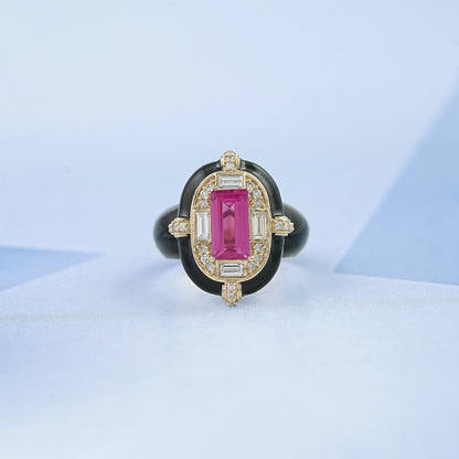 Sapphire Baguette With Enamel Cocktail Ring Pink Gemstone Rings