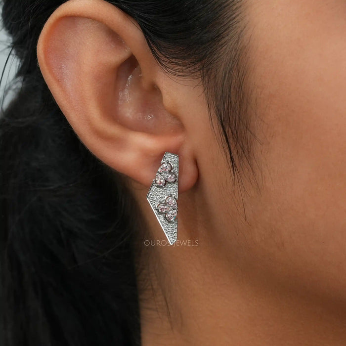 [Women wearing Pink Round Diamond Screw Back Earrings]-[Ouros Jewels]