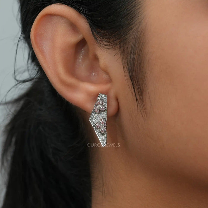 [A Women wearing Round Diamond Screw Back Earrings]-[Ouros Jewels]