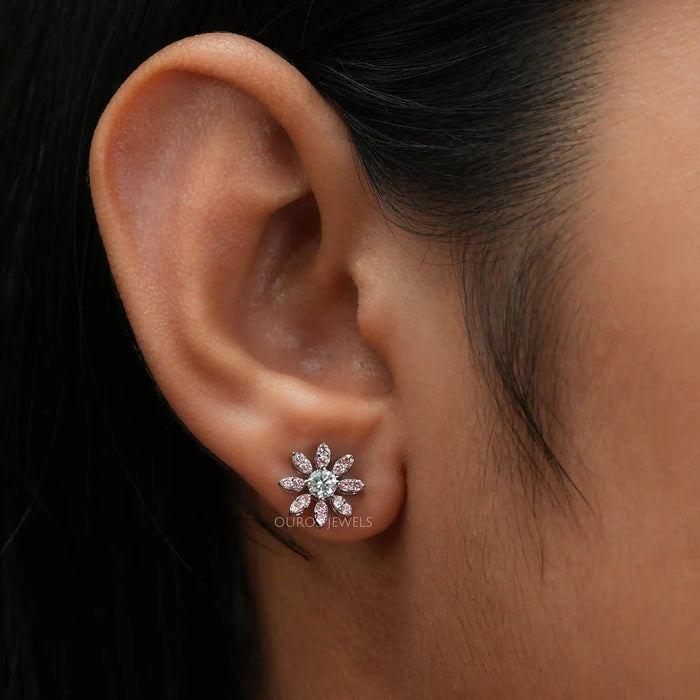Pink Round Flower Shape Lab Diamond Stud Earrings
