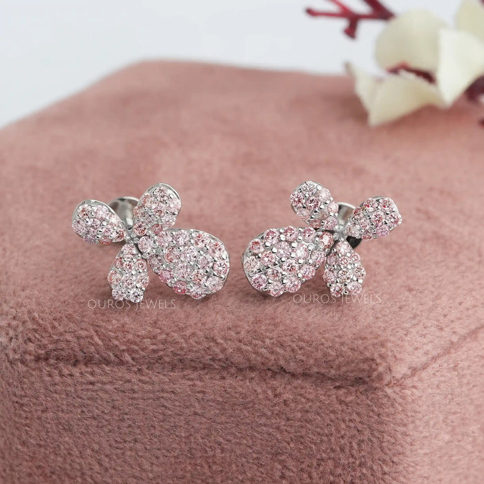 [Pink Round Diamodn Push Back Earrings]-[Ouros Jewels]
