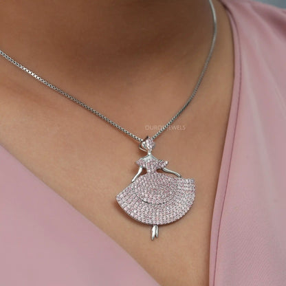 Fancy Pink Round Cut Crystals Barbie Doll Pendant Necklaces