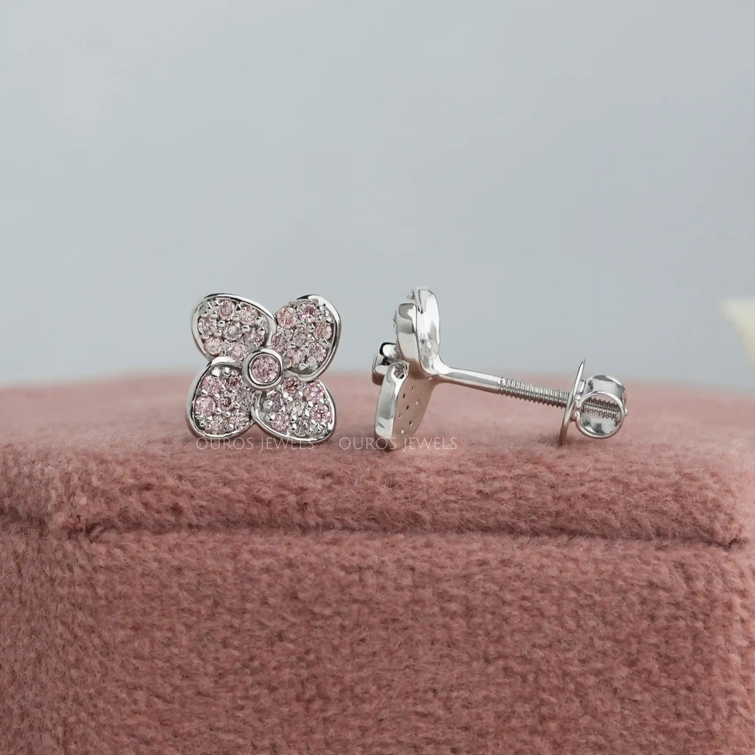 Flower Shape Pink Round Cut Lab Diamond Stud Earrings