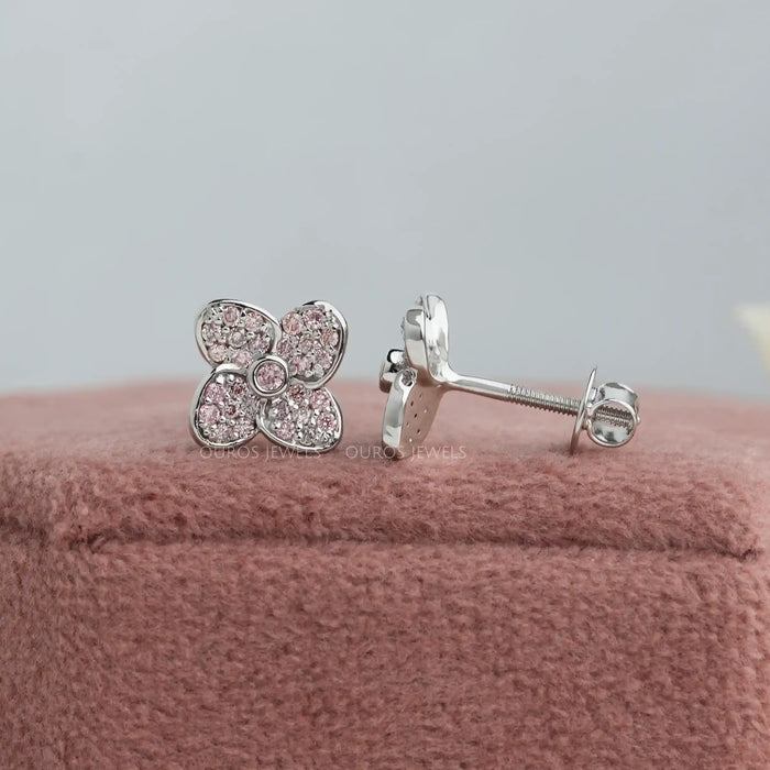 [Pink Round Diamond Flower Shape Earrings]-[Ouros Jewels]