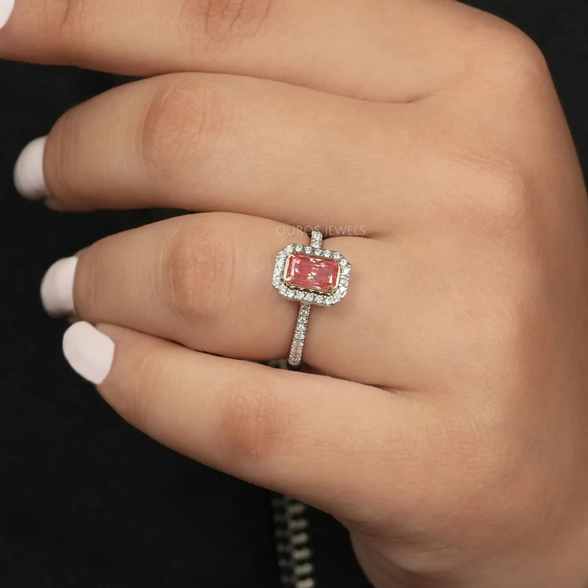 Fancy Pink Radiant Cut Halo With Accent Engagement Ring Ring