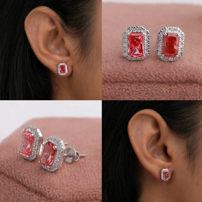 Collage of radiant cut lab made diamond earrings