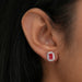 In ear look of pink radiant cut lab created diamond stud earrings