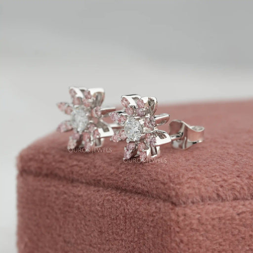 Pink Round Flower Shape Lab Diamond Stud Earrings