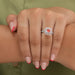 In finger look of pink cushion double halo lab created diamond engagement ring