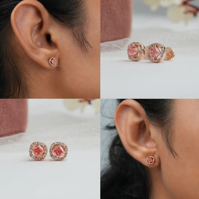 [Collagee of Pink Cushion Cut Stud Earrings]-[Ouros Jewels]