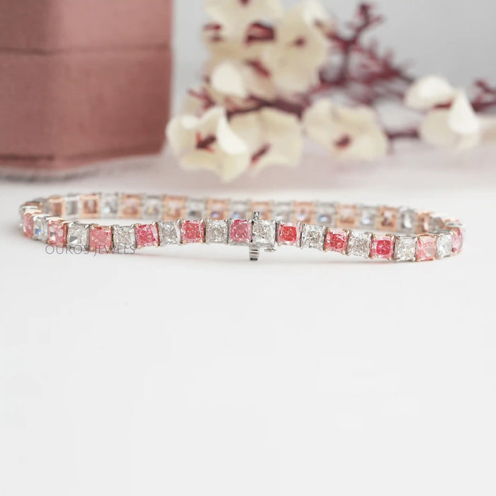[Back View of Pink Cushion Cut Lab Diamond Bracelet]-[Ouros Jewels]