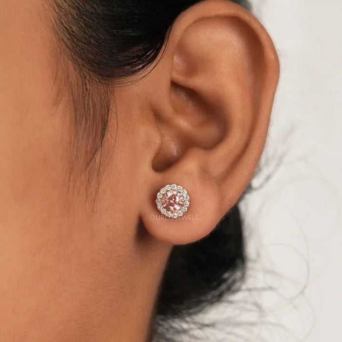 [A Women wearing Pink Lab Diamond Sud Earrings]-[Ouros Jewels]