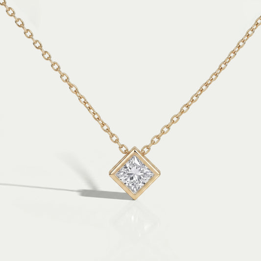 Princess Diamond Bezel Set Solitaire Pendant Necklaces