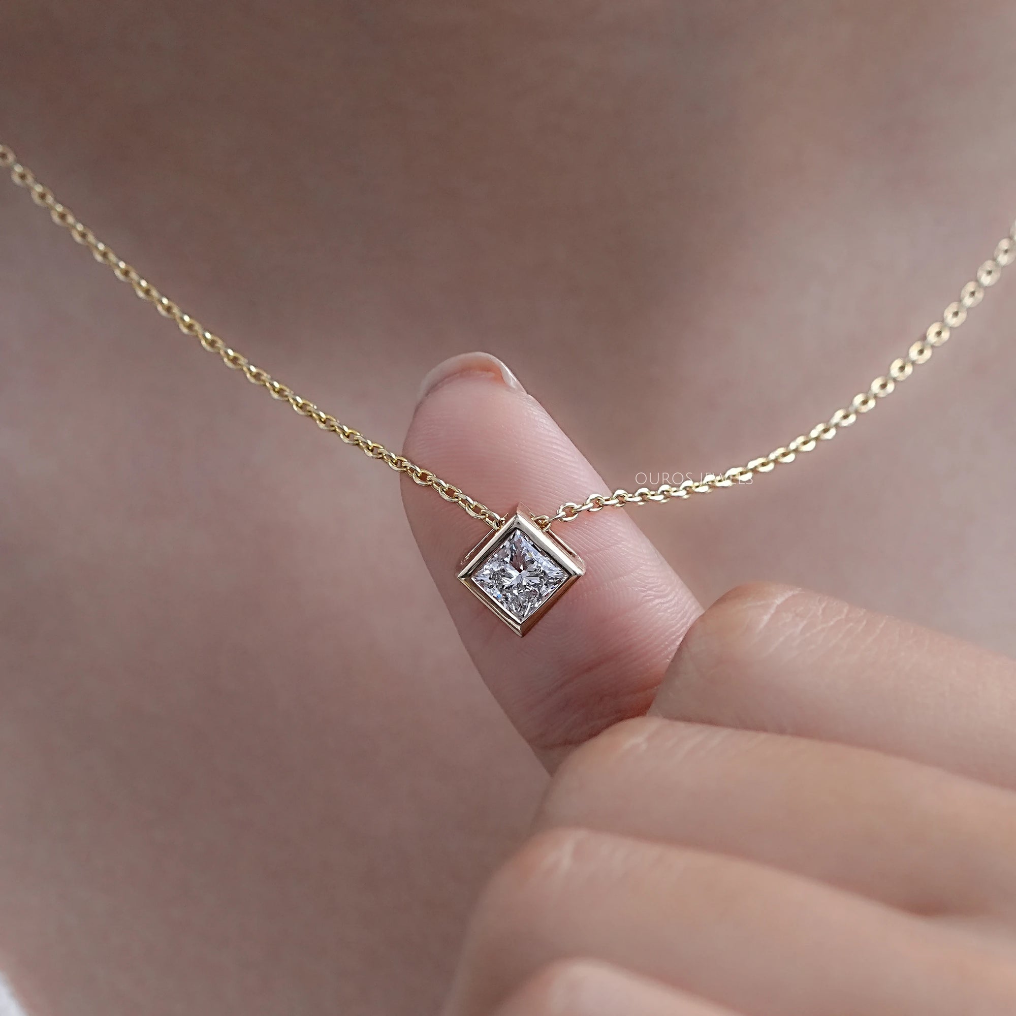 Princess Diamond Bezel Set Solitaire Pendant Necklaces