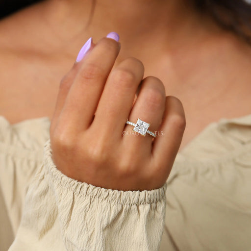 [A Women wearing Princess Cut Diamond Engagement Ring]-[Ouros Jewels]