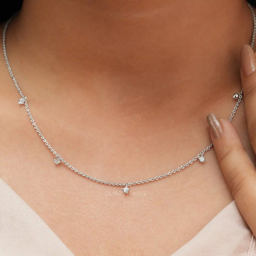 [A Women wearing Princess cut necklace in station style]-[Ouros Jewels]