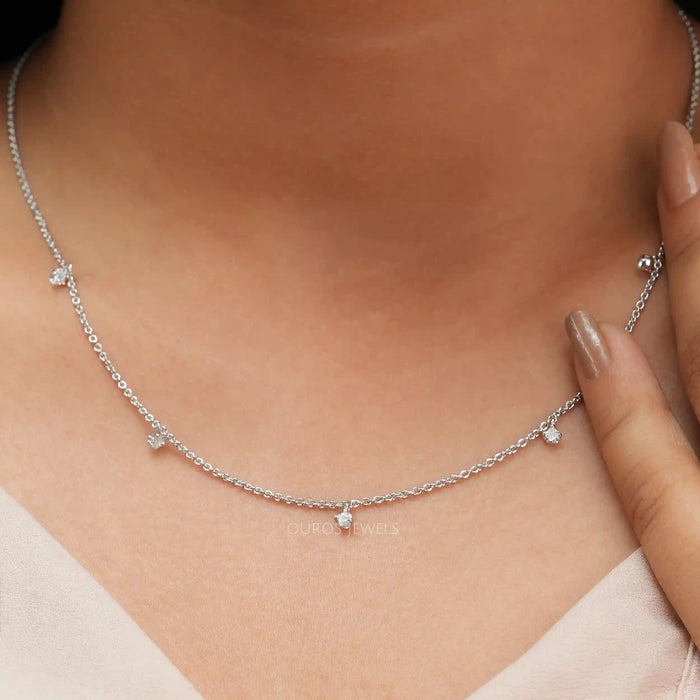 [A Women wearing Princess cut necklace in station style]-[Ouros Jewels]