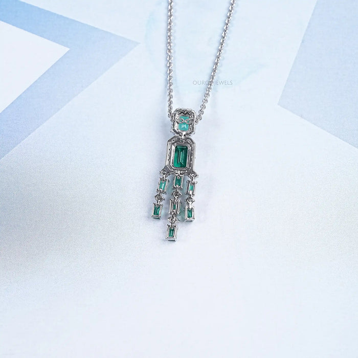 Green Emerald Halo Diamond Chandelier Necklace Set Necklaces