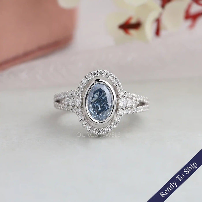 [Blue oval cut lab diamond ring]-[Ouros Jewels]