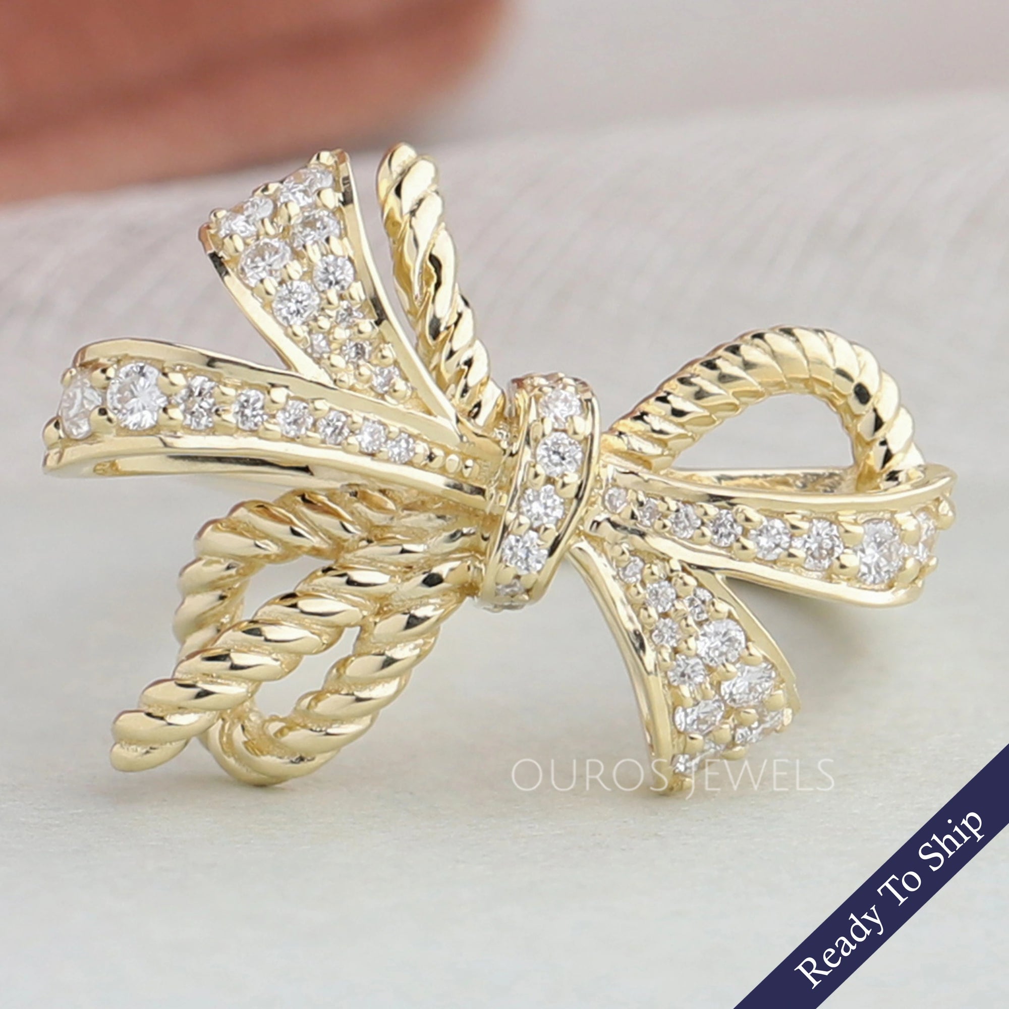 Round Diamond Cluster Ribbon Knot Bow Party Wear Ring