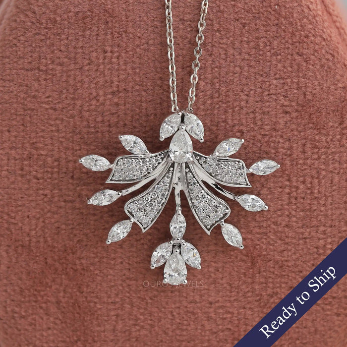 Marquise and round cut lab grown diamond cluster pendant in 14k white gold
