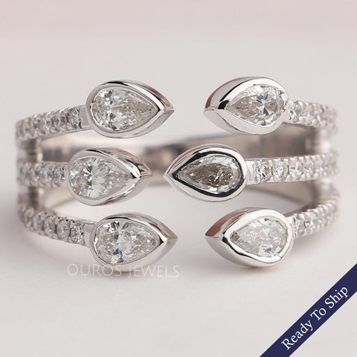 Three Row Pear Diamond Open Cuff Dainty Ring