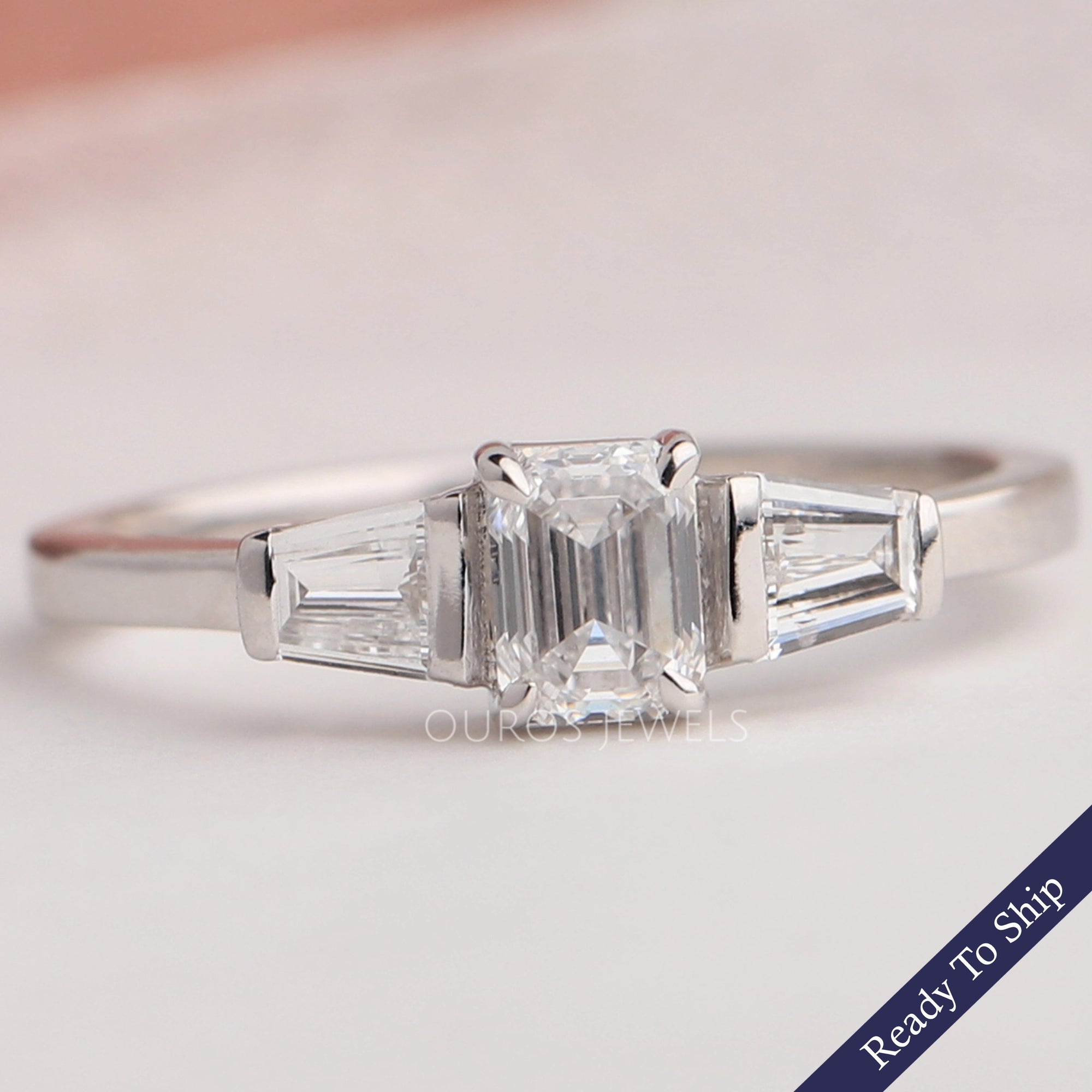 Three Stone Emerald Diamond Engagement Ring