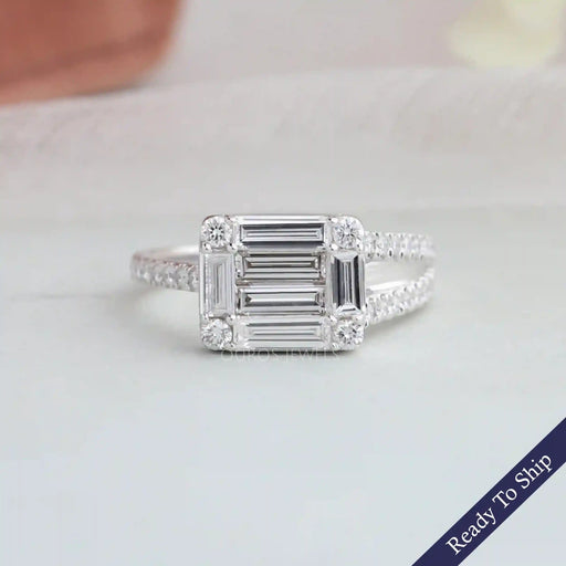 [Front View of Baguette and Round Diamond Ring]-[Ouros Jewels]