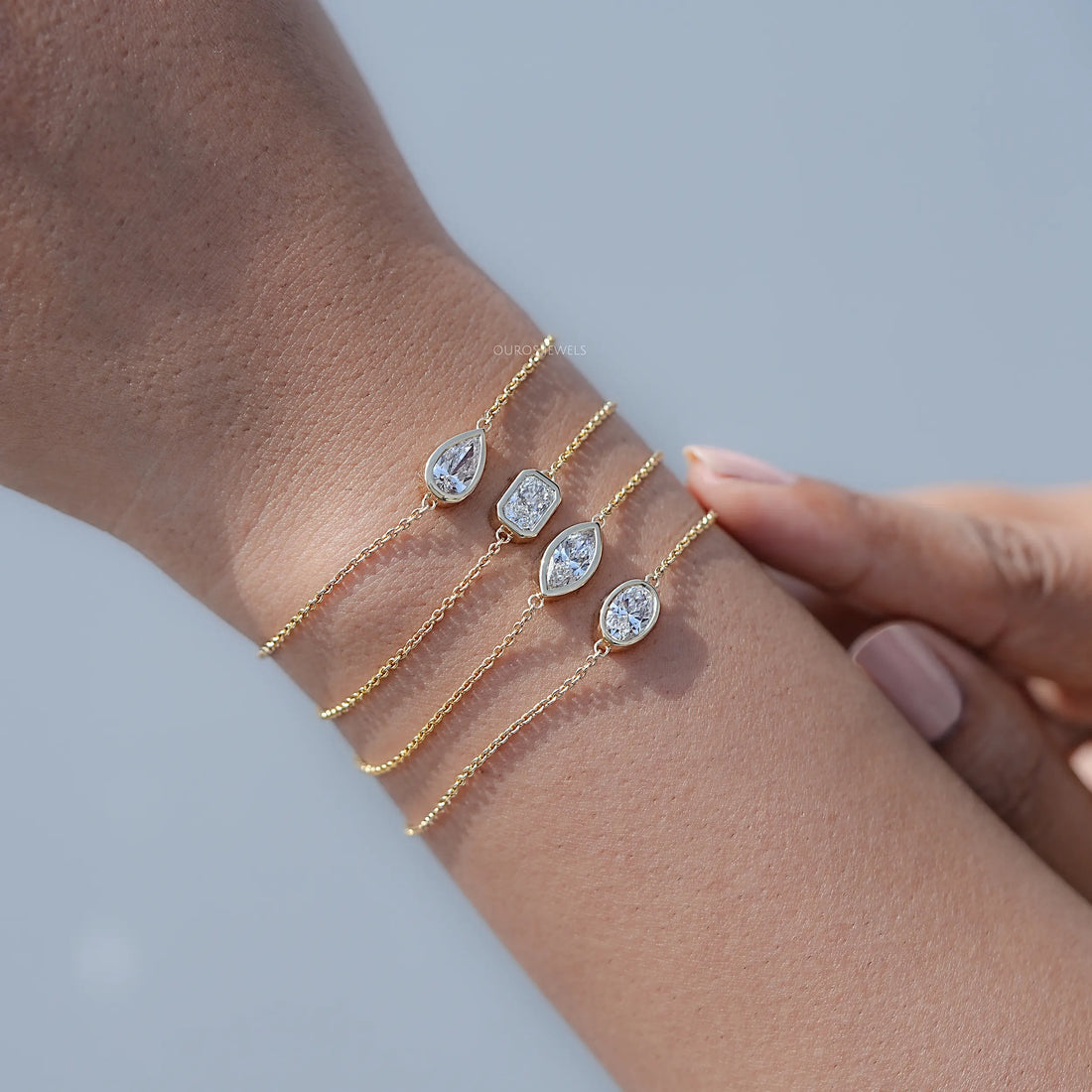 Multi Lab Diamond Bezel Set Solitaire Chain Bracelet