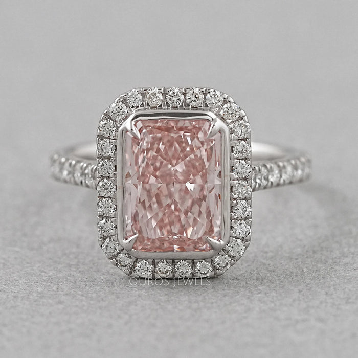 Fancy Pink Radiant Cut Halo Diamond Ring