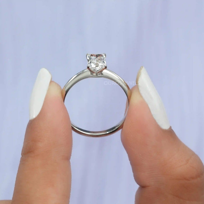 [A Women holding Radiant Cut Engagement Ring]-[Ouros Jewels]