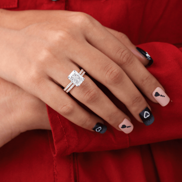 Radiant Cut Hidden Halo Lab Diamond Bridal Ring Set