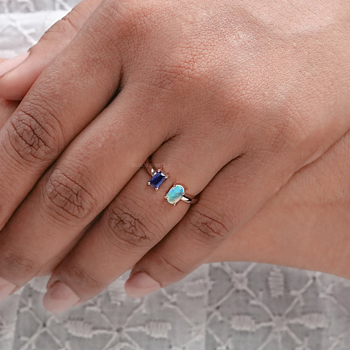 Opal And Sapphire Emerald Open Cuff Ring Rings