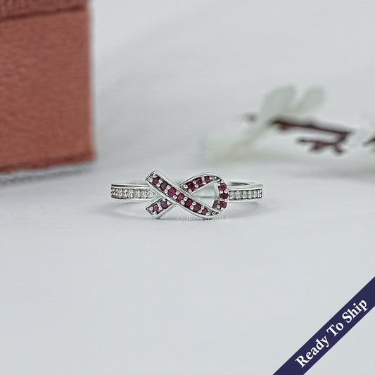 Red Round Gemstone Cancer Ribbon Ring