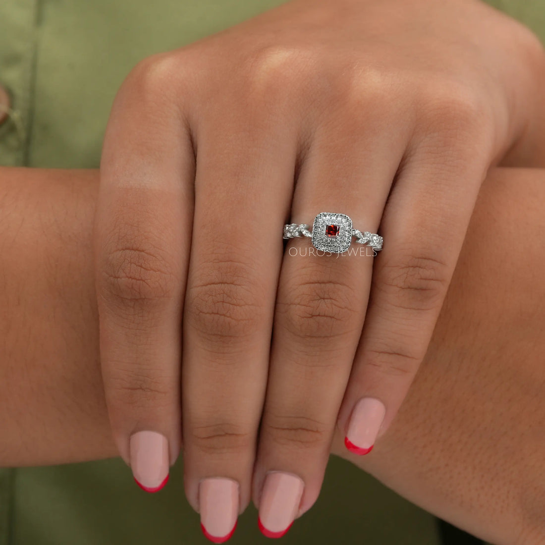 Red Princess Cut Double Halo Accent Diamond Ring