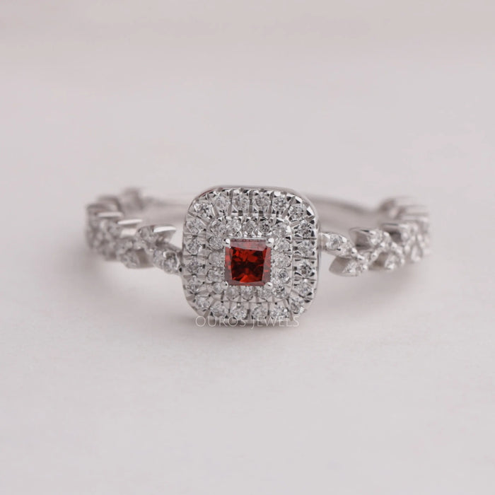 Red Princess Cut Double Halo Diamond Ring With Round Accent Stones