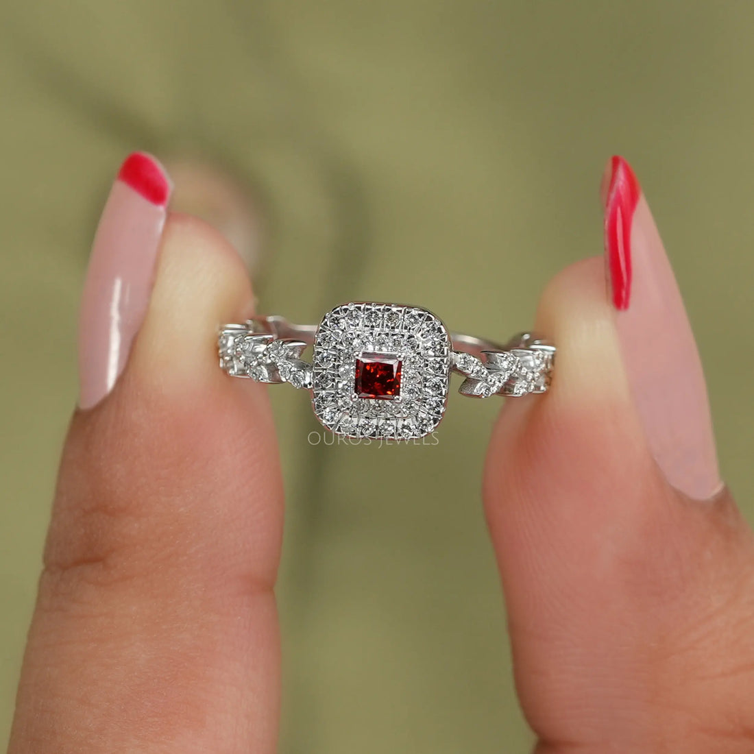 Red Princess Cut Double Halo Accent Diamond Ring