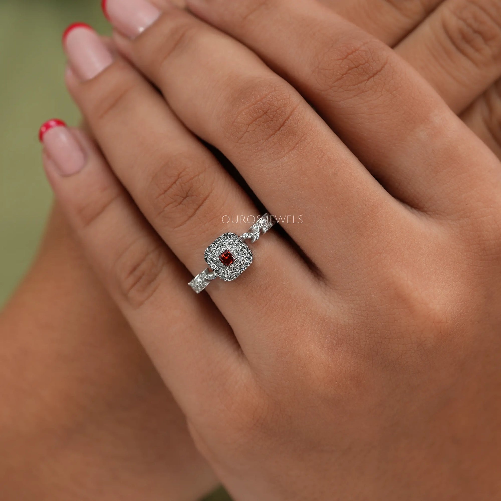 Red Princess Cut Double Halo Accent Diamond Ring