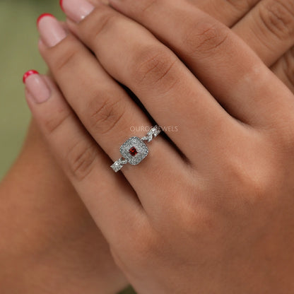 Red Princess Cut Double Halo Accent Diamond Ring
