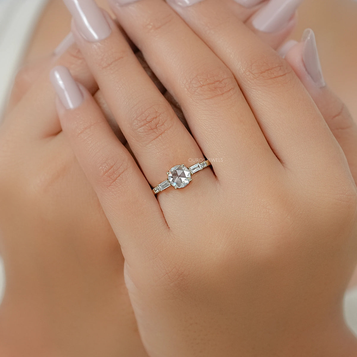Rose Cut Round And Baguette Diamond Accent Ring