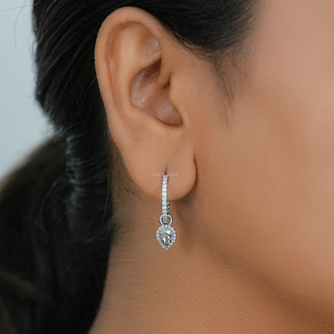 Rose Cut Pear Diamond Halo Charm Hoop Earrings Earring