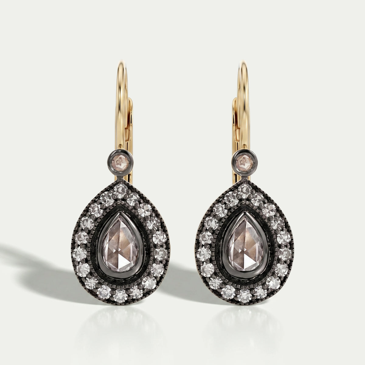 Rose Cut Pear Halo Diamond Dangle Earrings