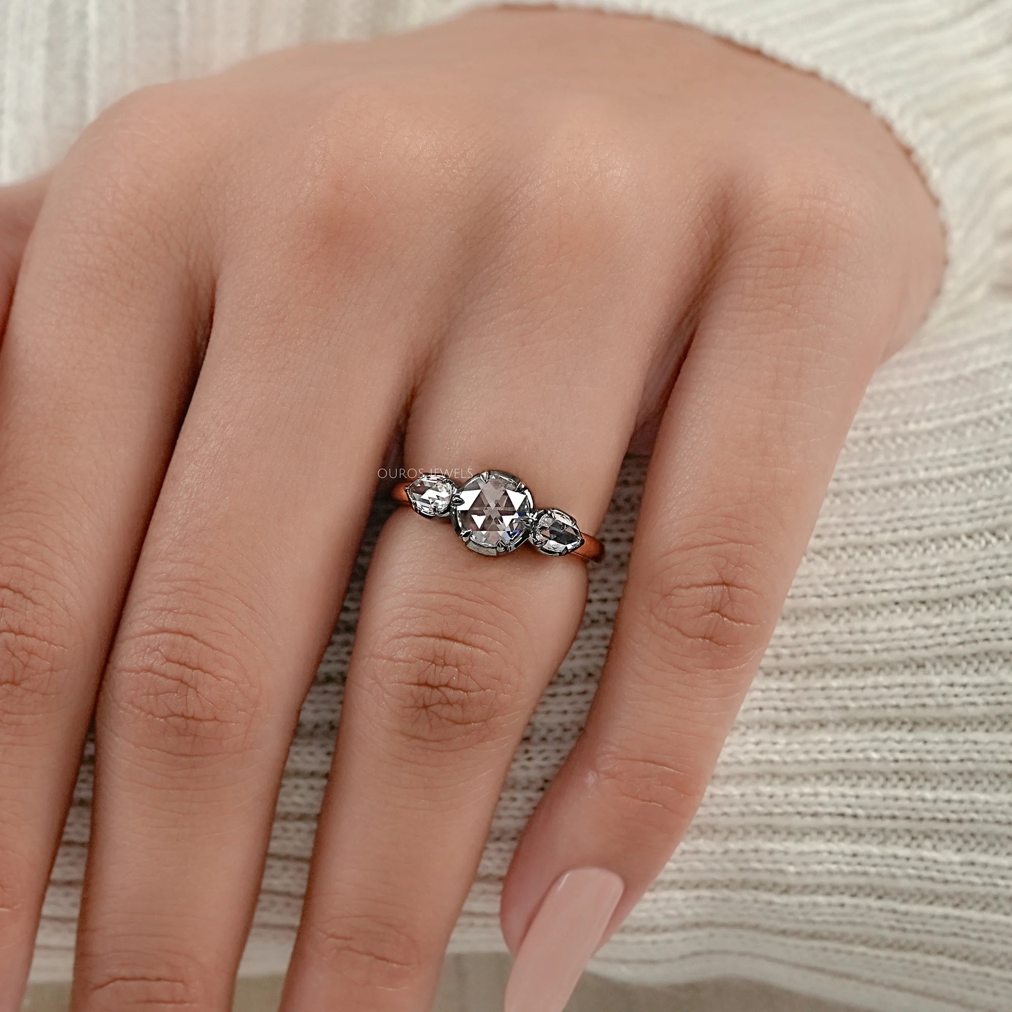 Rose Cut Round And Pear Diamond Engagement Ring