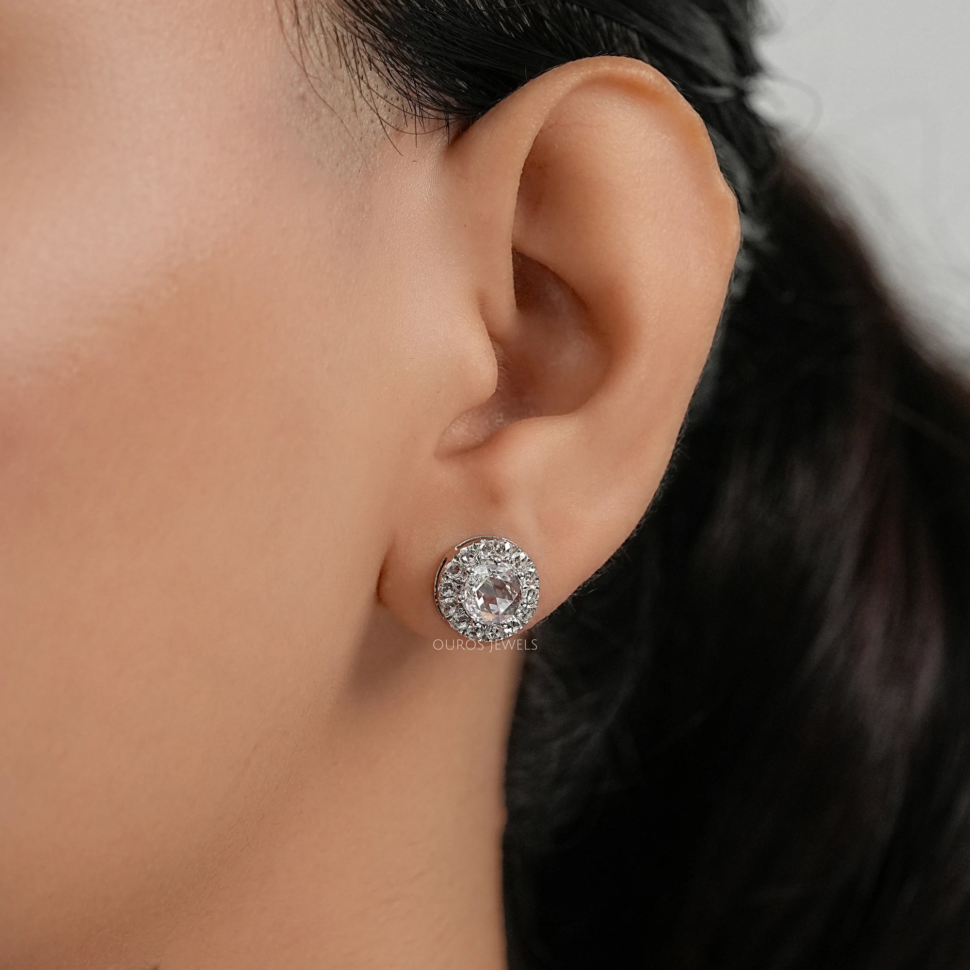 Rose Cut Round Diamond Halo Stud Earrings Earring