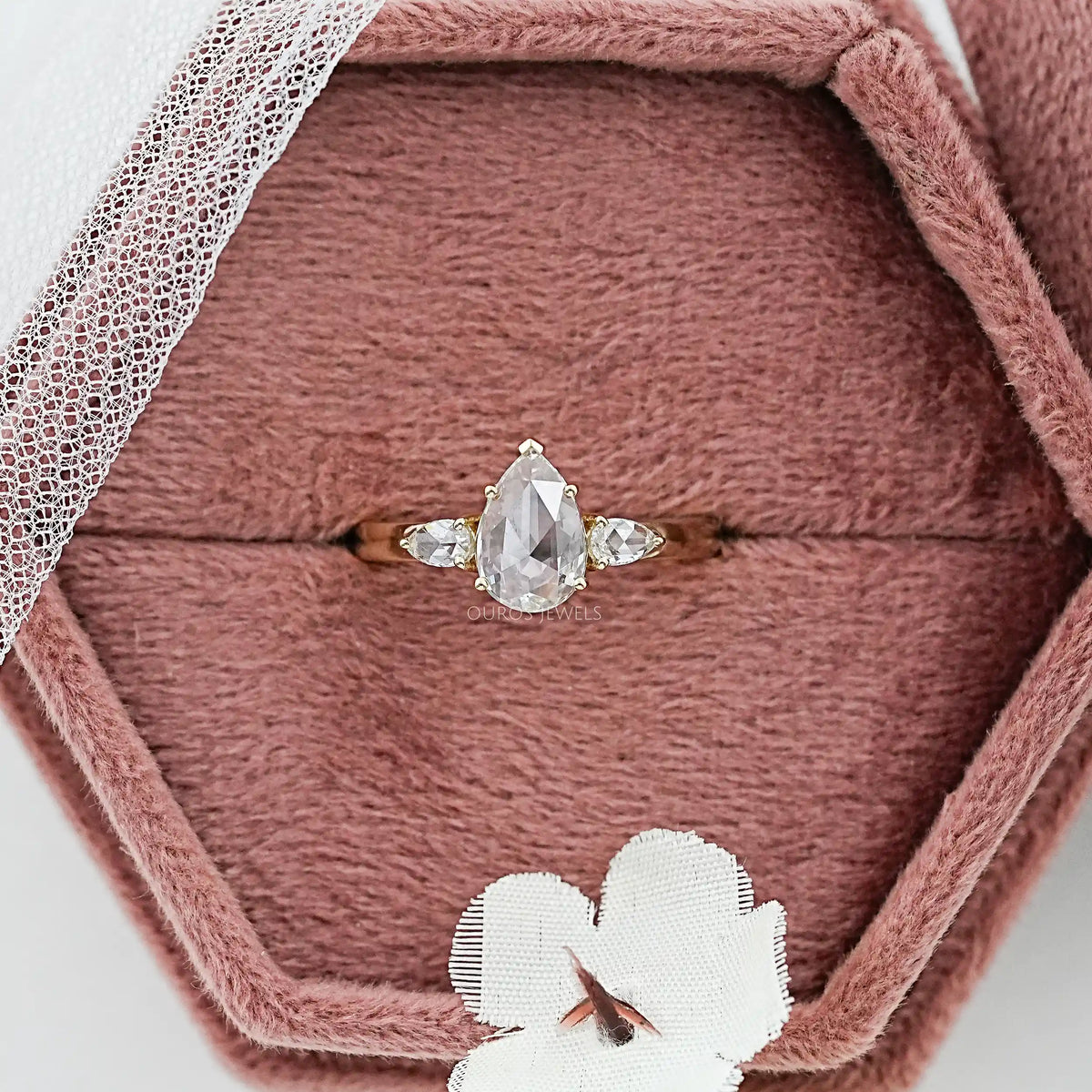 Three Stone Rose Cut Pear Diamond Engagement Ring